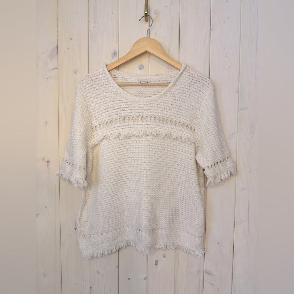 J Crew Knit Fringe Top XL Cream Boho Festival Cotton Western